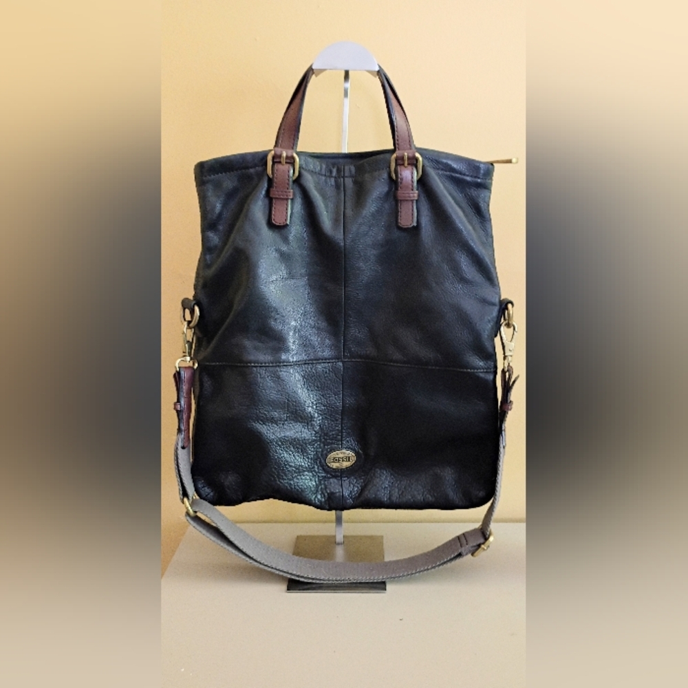 Fossil Explorer Foldover Black Leather Handbag